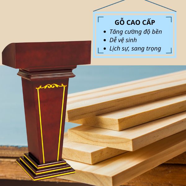 Bục phát biểu gỗ trang trí inox vàng