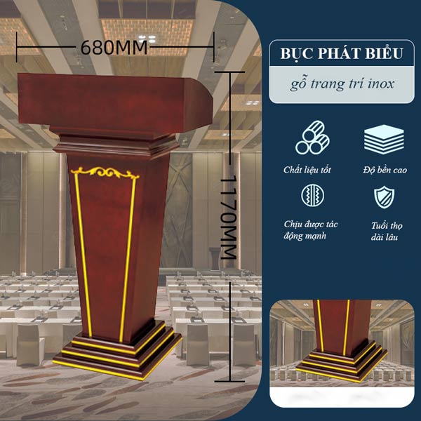 Bục phát biểu gỗ trang trí inox vàng