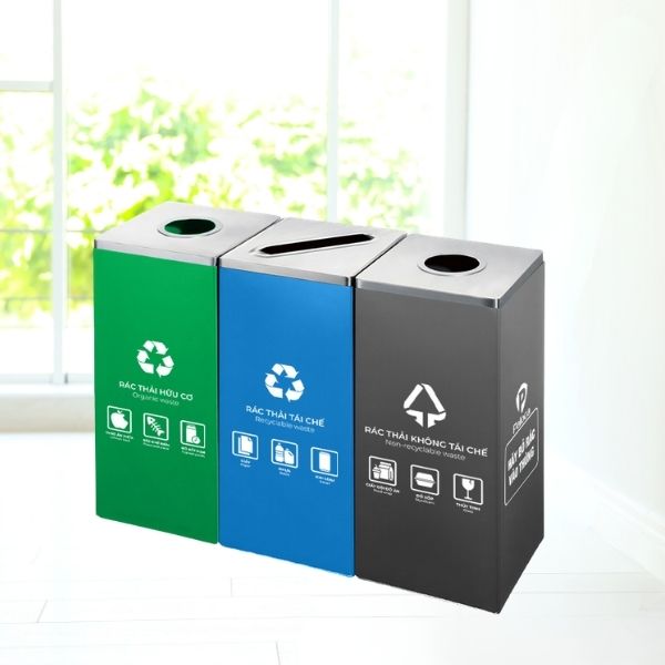 Thùng phân loại rác 3 ngăn bằng thép