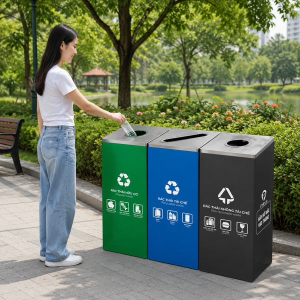 Thùng phân loại rác 3 ngăn bằng thép