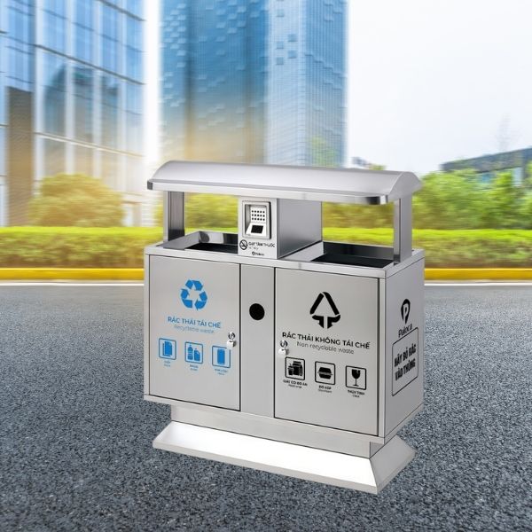 Thùng rác công viên inox 2 ngăn