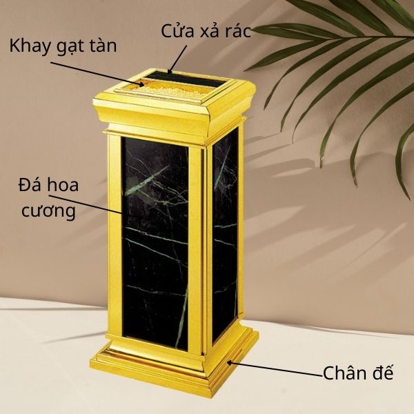 Thùng rác đá gạt tàn khung inox vàng