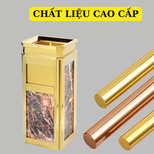 Thùng rác đá vân đỏ inox vàng
