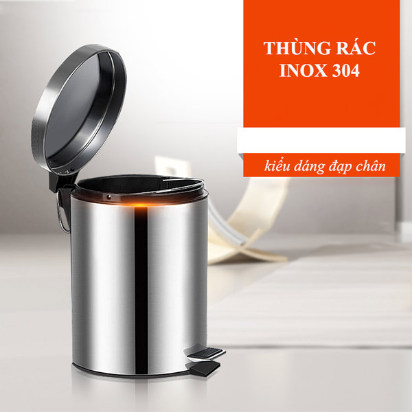 Thùng rác đạp chân tròn 12L inox 304 cao cấp, tuổi thọ cao