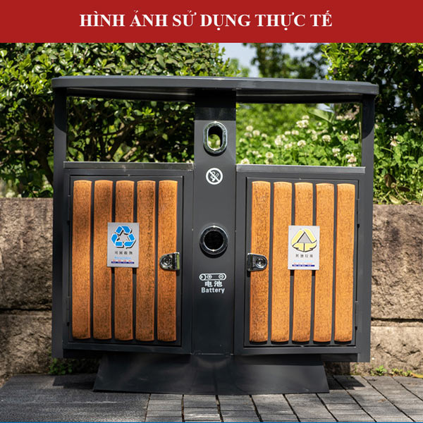 Thùng rác đôi gỗ nhựa 2 ngăn ngoài trời
