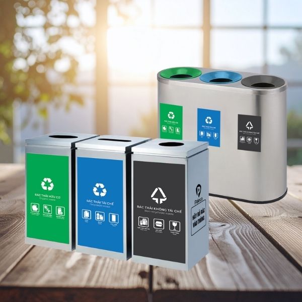 Thùng rác inox 3 ngăn ngoài trời văn phòng