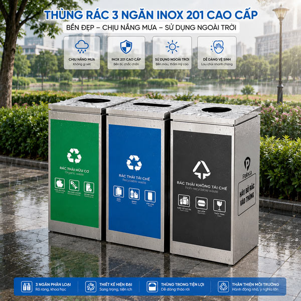 Thùng rác inox 3 ngăn ngoài trời văn phòng