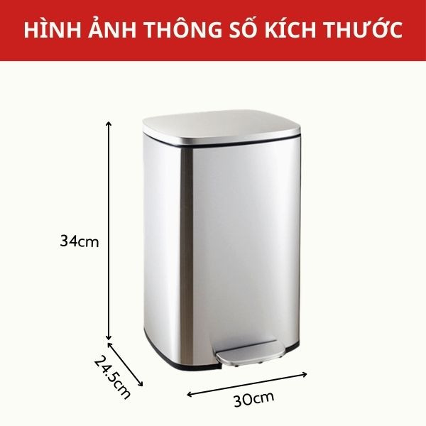 Thùng rác inox đạp chân vuông 12L