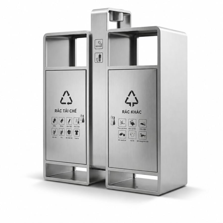 Thùng rác inox đôi gạt tàn đế cao HTI2N63-GTI