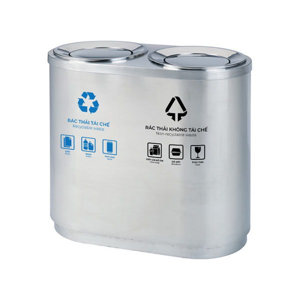 Thùng rác inox nắp lật phân loại 2 ngăn