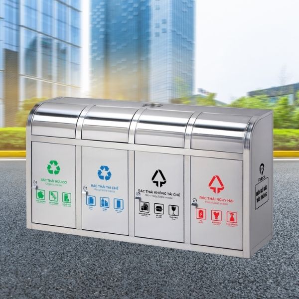 Thùng rác inox nắp đẩy 4 ngăn