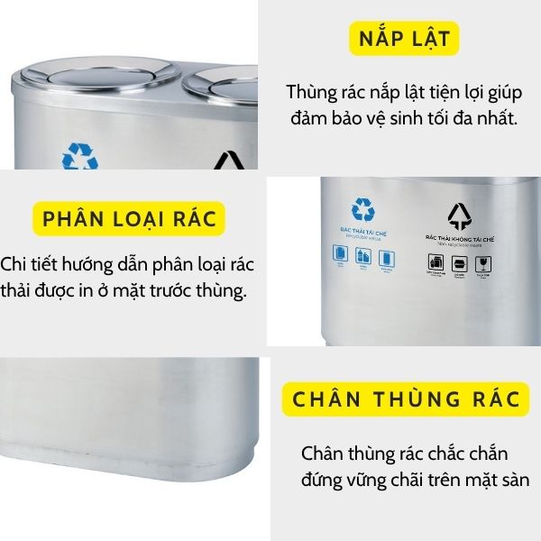 Thùng rác inox nắp lật phân loại 2 ngăn