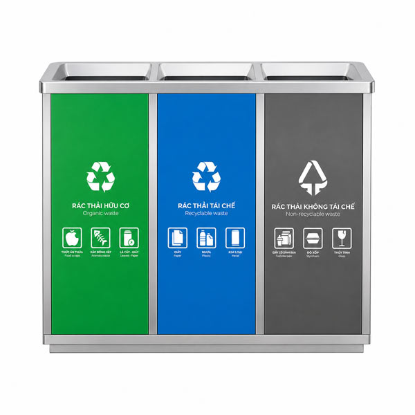Thùng rác inox phân loại 3 ngăn