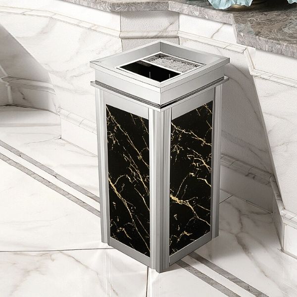 Thùng rác đá hoa cương đen viền inox trắng