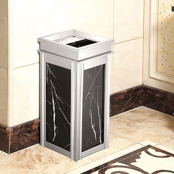 Thùng rác đá hoa cương đen viền inox trắng