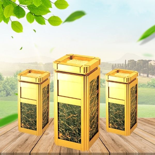 Thùng rác khung inox vàng ốp đá đen