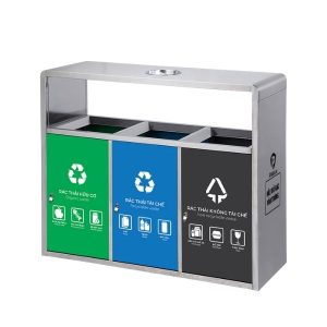 Thùng rác ngoài trời 3 ngăn có mái che inox