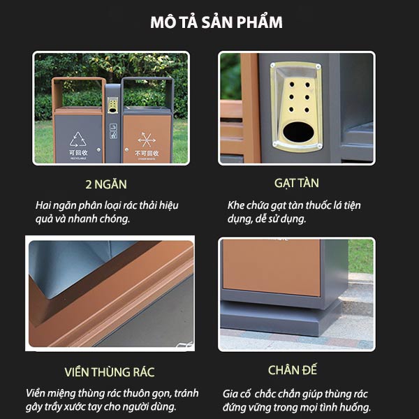 Thùng rác sơn màu 2 ngăn có gạt tàn
