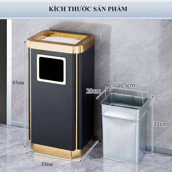 Thùng rác thép sơn đen viền vàng chữ nhật