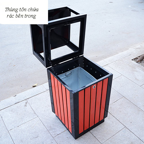 Thùng rác vuông giả gỗ có gạt tàn