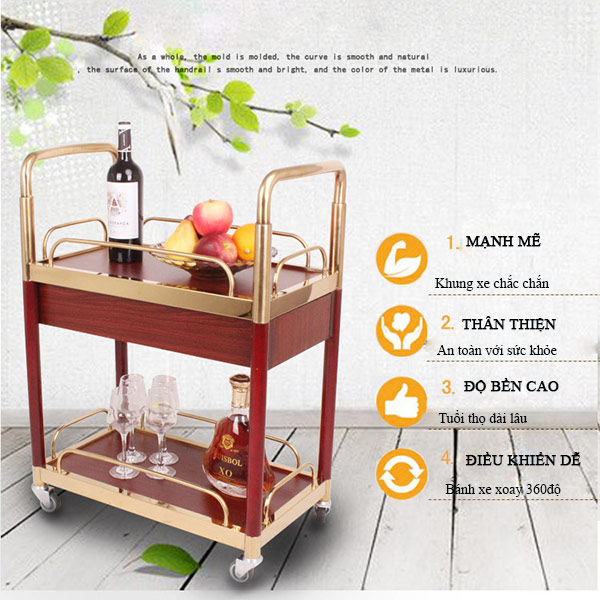 Xe đẩy rượu bằng gỗ 2 tầng