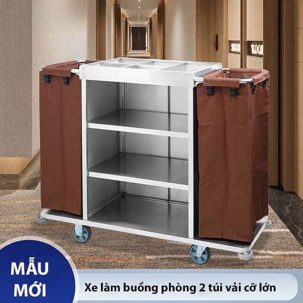 Xe trolley làm buồng khung inox 2 túi vải cỡ lớn
