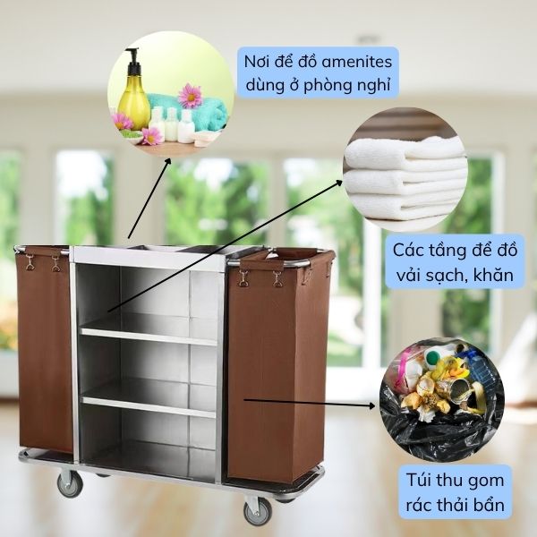 Xe trolley làm buồng khung inox 2 túi vải cỡ lớn