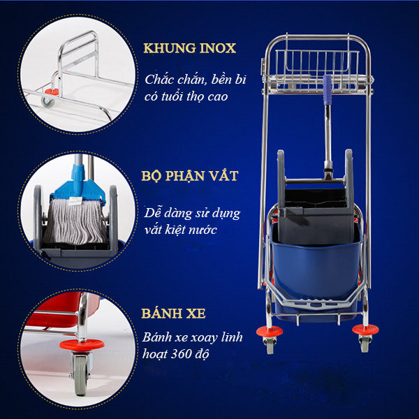 Xe vắt móp 34l inox – xe lau sàn 34 lít